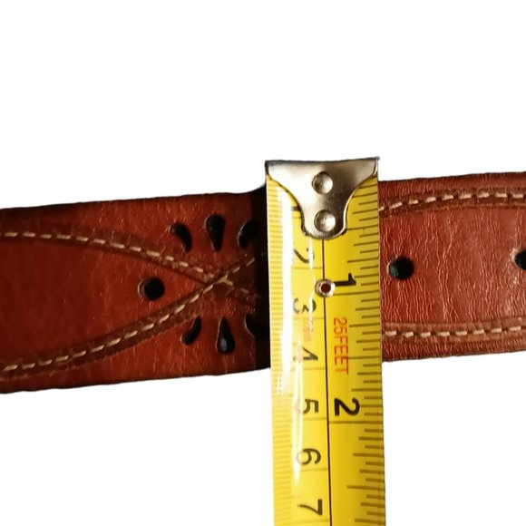 Eddie Bauer Brown Leather Belt Cutouts Stitching Brass Buckle Size Medium - Picture 10 of 13